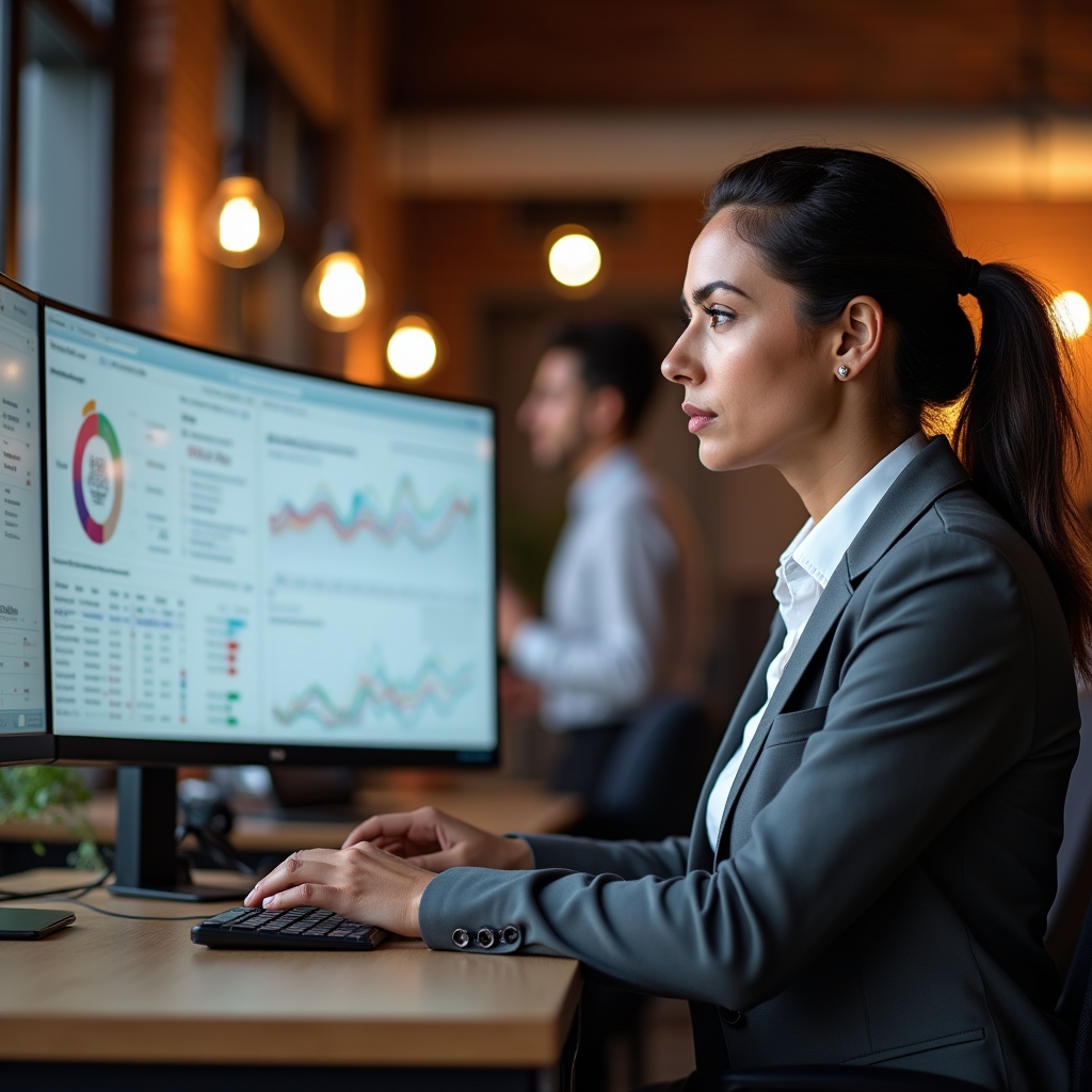 In-house marketer reviewing an SEO performance dashboard on a large monitor