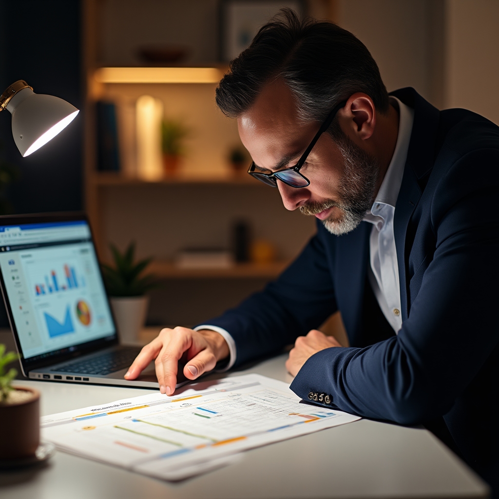 Marketing professional studying an SEO performance report at a desk with multiple screens