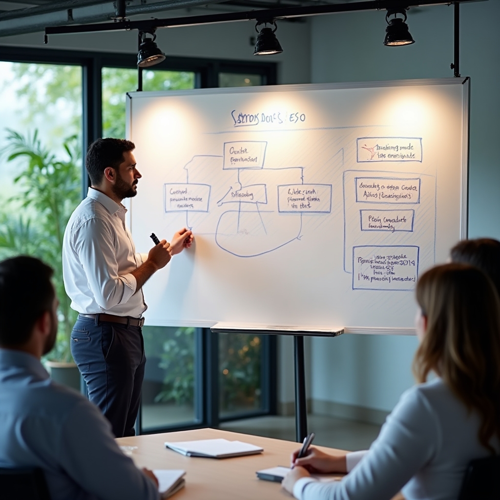 Course module outline displayed on a whiteboard during a planning session