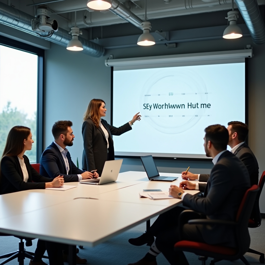 Marketing team participating in an interactive SEO workshop with projected materials